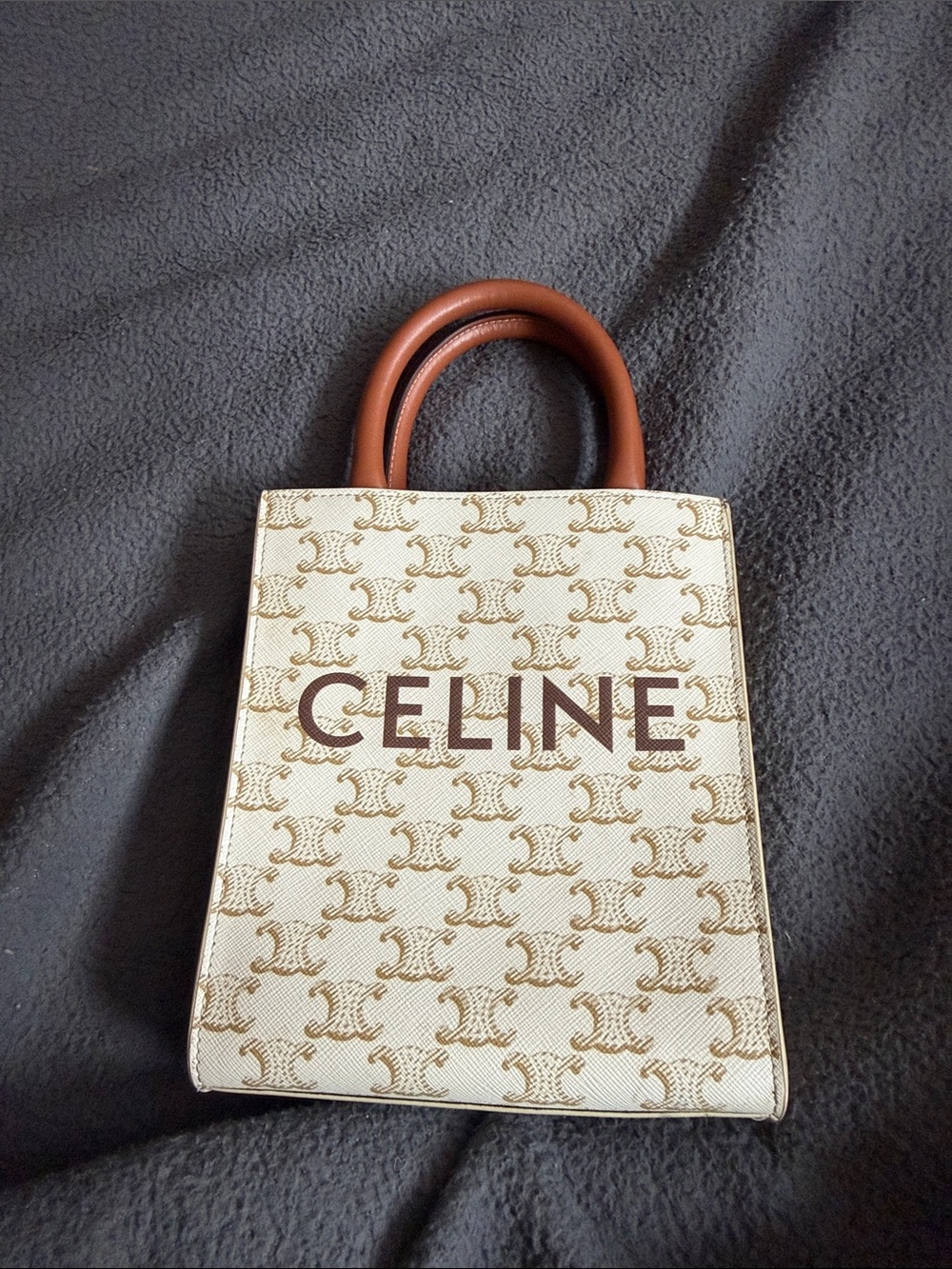 Celine Cream Triomphe Canvas Mini Vertical Tote with Brown Handles